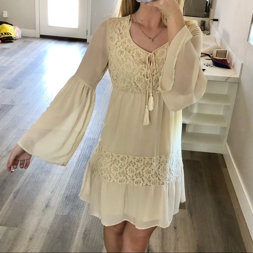 Vintage Flying Tomato Cream Sheer Ivory Crochet Peasant Milkmaid Flowy Dress S